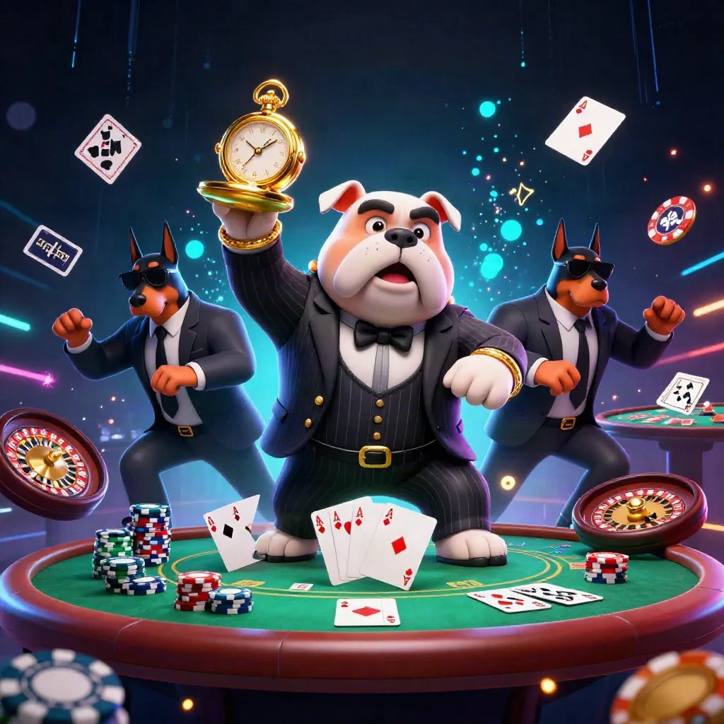 Maffiabuldog met twee dobermans, pokerchips en neon casino-effecten op donkere achtergrond.