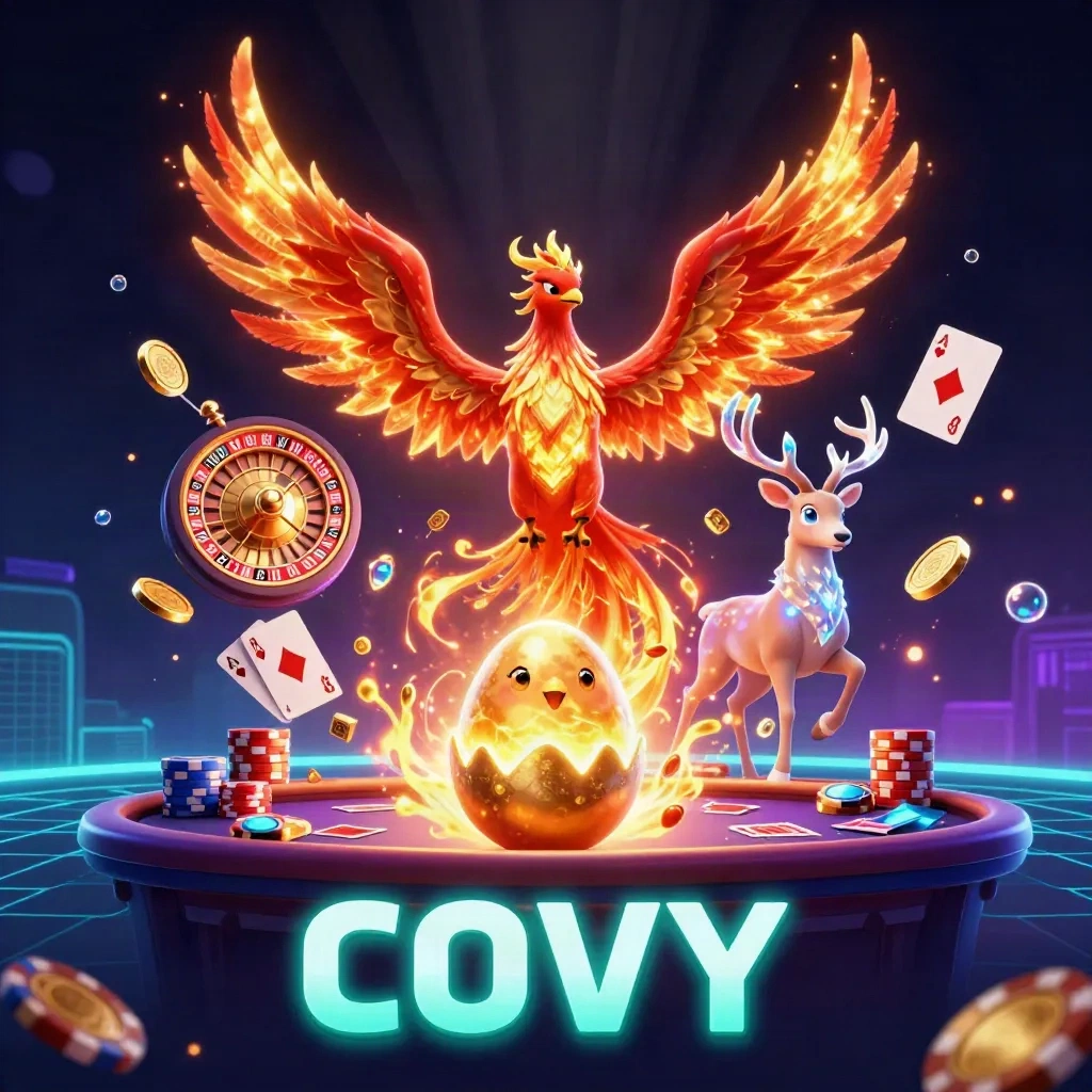 Een phoenix, hert en kuiken tussen gouden munten, kaarten en neonlicht in een casinohemel.