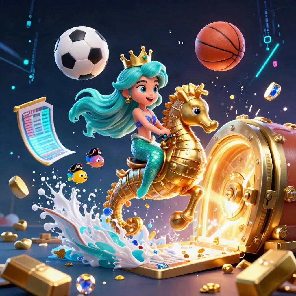 Mermaide prinses op zeepaard met goudschat, ballen, fish en magische lichtflitsen
