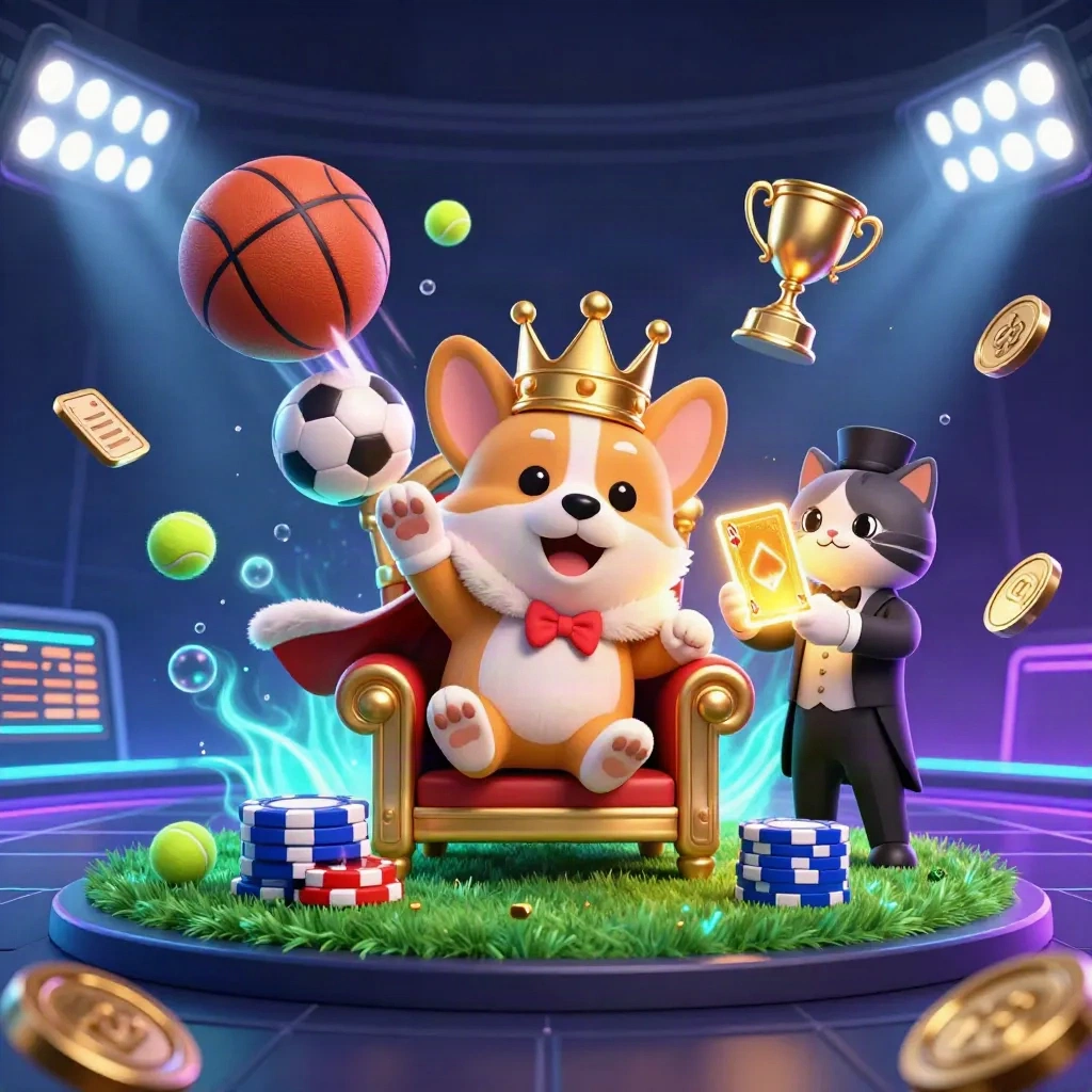 Koninklijke corgi op pokertroon met katbutler, vliegende ballen, goud en neon casino-glans.