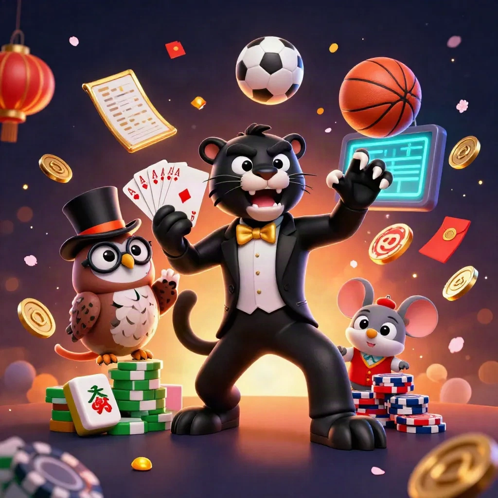 Panter, uil en muis tussen kaarten, chips, sportballen en gouden casino-glans.