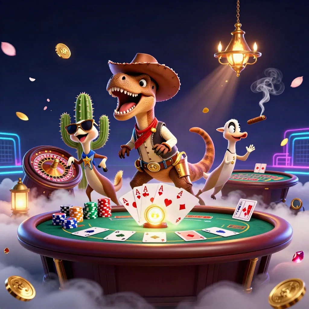3D cowboy T-rex met cactus en sheriff-roadrunner in luxe casino met neon en fiches