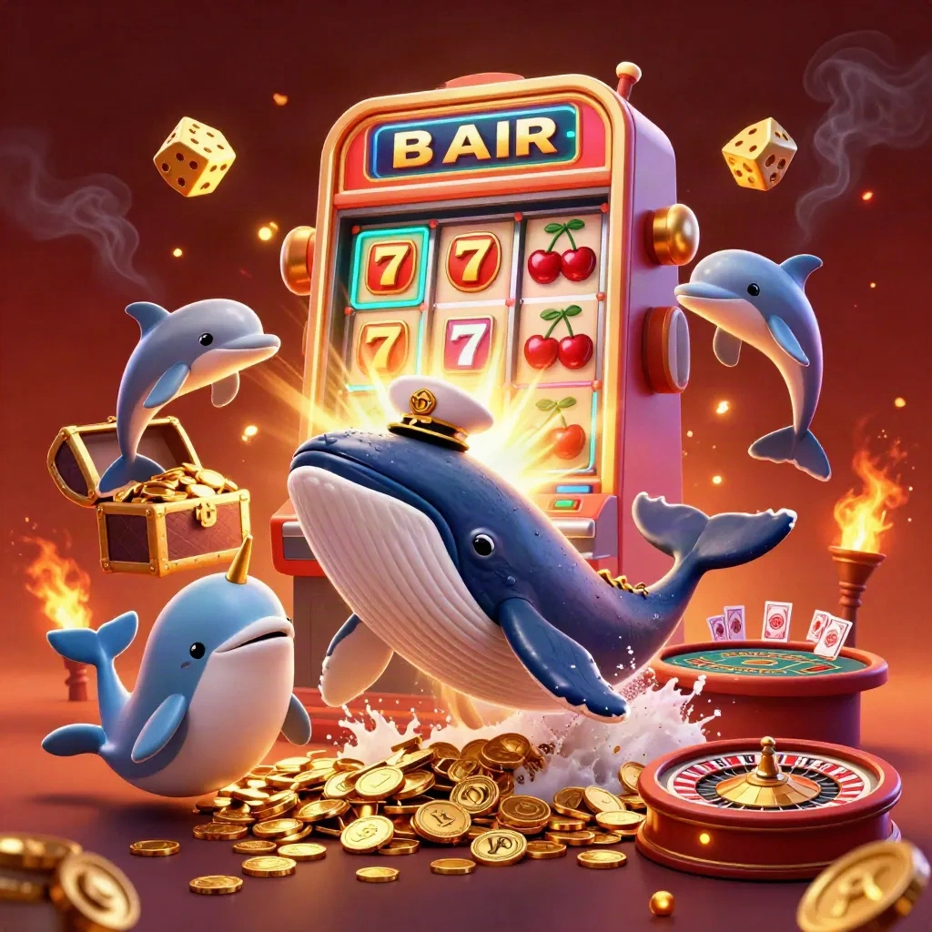 Walvis, narwal en dolfijnen tussen gouden munten en casino-luxe licht.