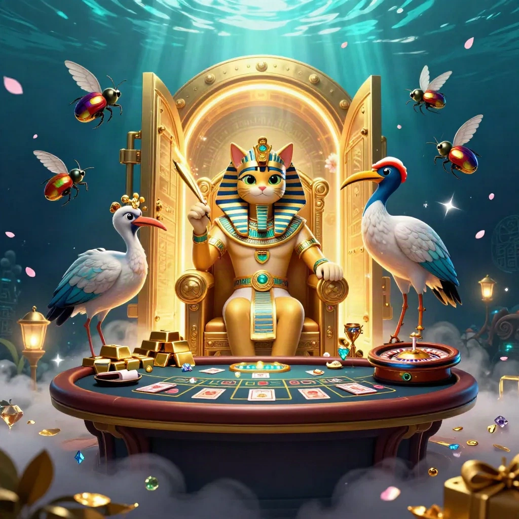 Pharaohkat op gouden troon, ibis-schrijver en scarabeeën, met open kluis en goud.