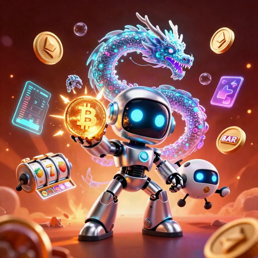 Cyberpunk robot, holografische draak en drone met munten en neon energie op donkere casino-achtergrond.