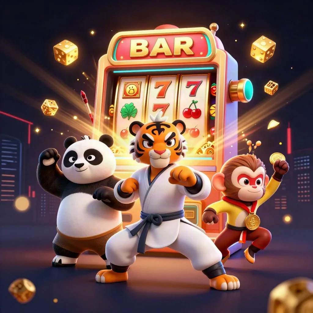 Tijger, panda en aap in kungfu, met slotmachine, goud en jackpot-effecten.