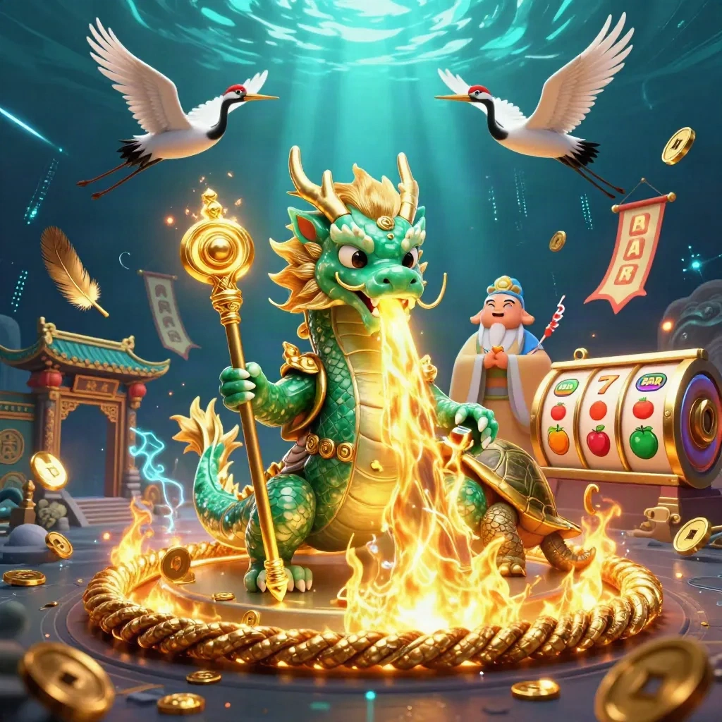 Groene draak, schildpadwijze en kraanvogels tussen goud, energie en tempelpoorten.