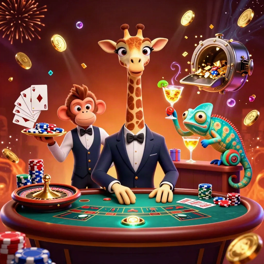 Giraffe, aap en kameleon vieren samen tussen gouden munten, fiches en een draaiend roulettewiel.