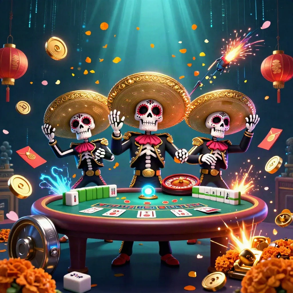 Drie skelet-mariachi’s met gouden sombrero’s, munten, lampions en neon casino-effecten in een luxe explosie.
