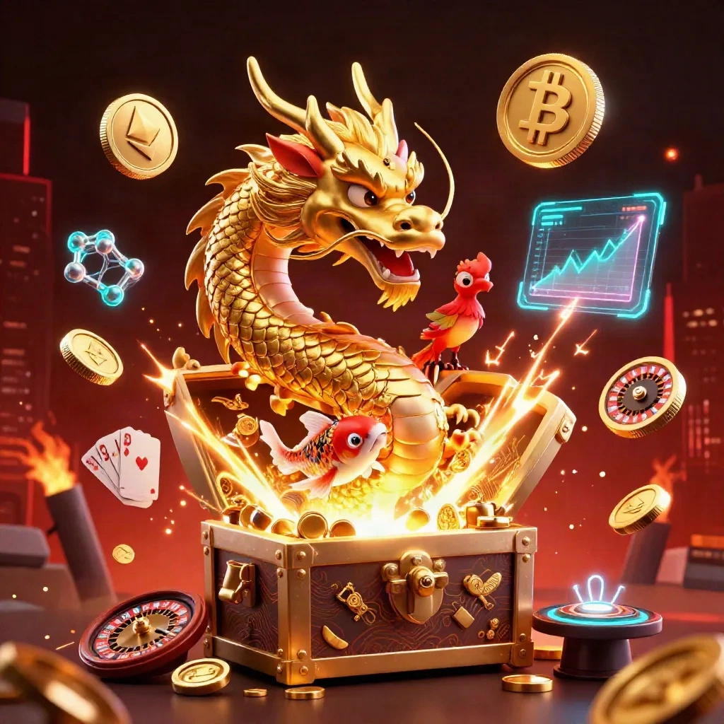 Gouden draak met phoenix, koi en casinospullen in een explosieve bonusscène.