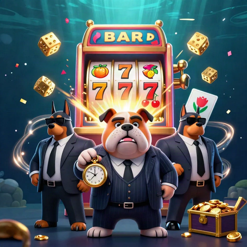 Maffiabuldog met twee bodyguards tussen jackpot, slotsymbolen en goud in donker teal licht.