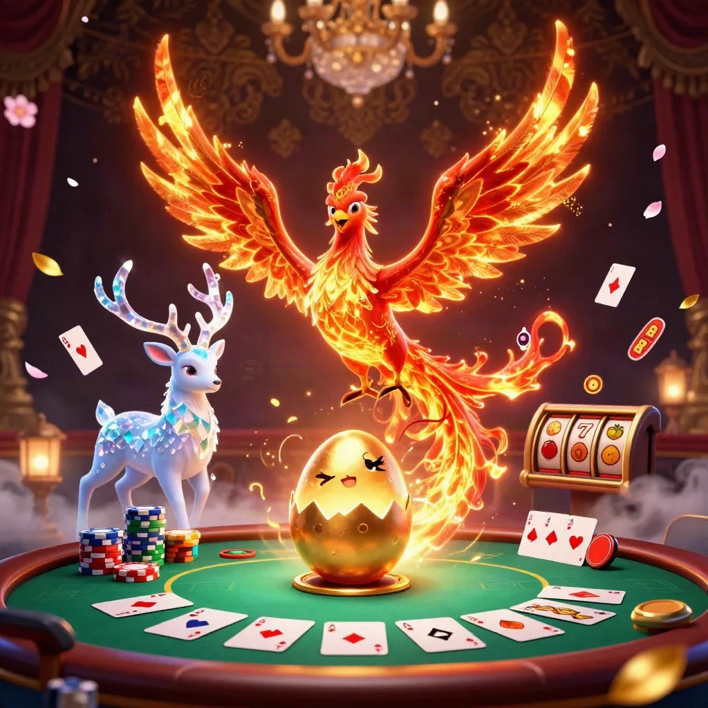 Vuurphoenix, babyphoenix en kristallen hert met luxe casino-elementen in neon teal en goud.