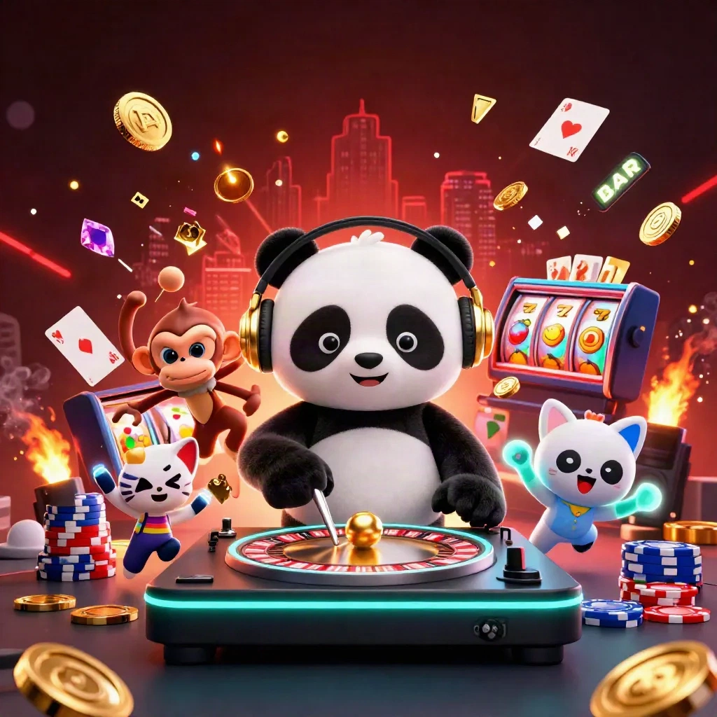 DJ-panda, dansende aap en glowstick-kat tussen gouden munten en casinoflitsen.