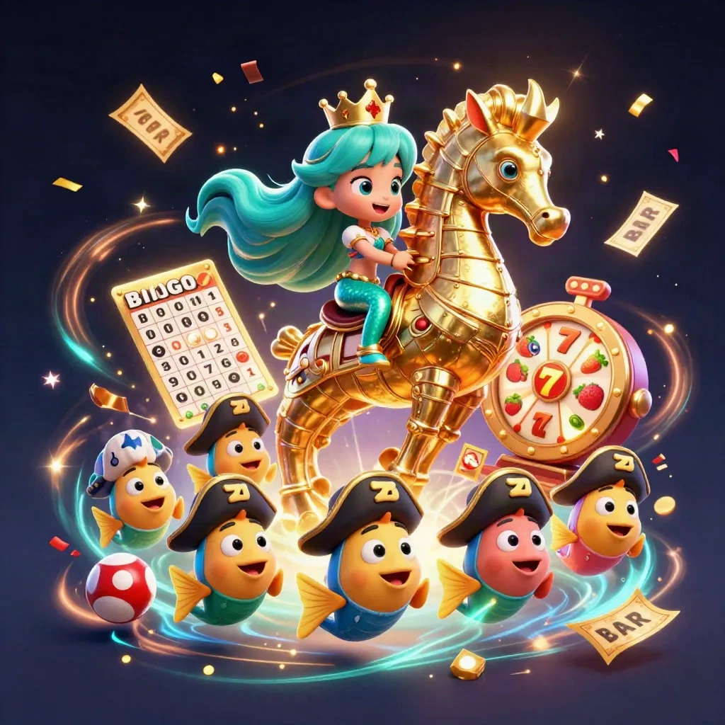 Zeemeerminprinses op goud zeepaard met casino-elementen, sterrenhemel en confetti