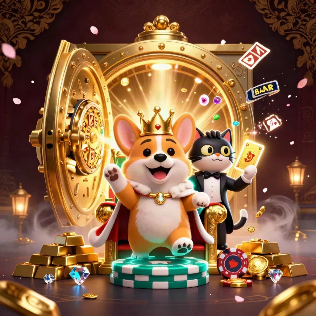 Koninklijke corgi en kattenbutler op pokertroon met gouden kluis en casino-glans.