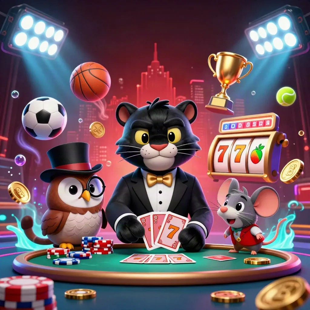 Panter, uil en muis met kaarten, chips en munten in een neon casino-opstelling.